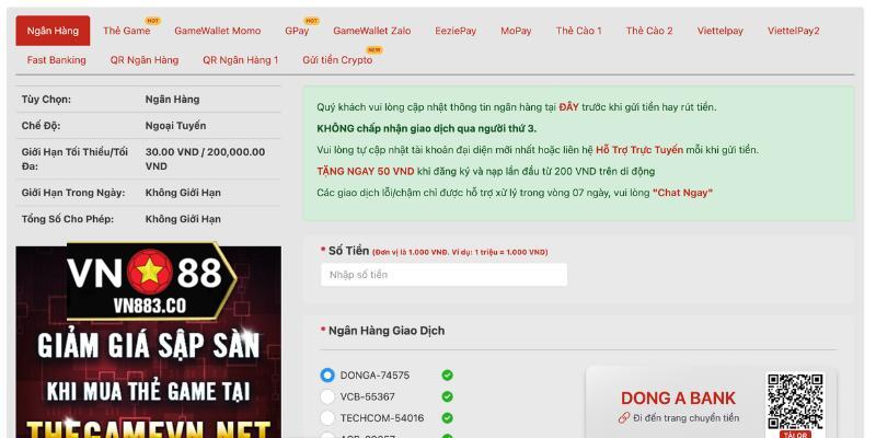 Thanh toán linh hoạt với nhiều phương thức tại Vn88
